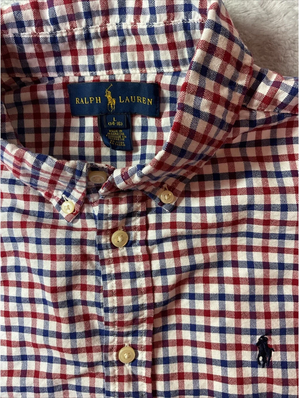Ralph Lauren Plaid Button Up Dress Shirt Boy's Size L( 14-16) Red White Blue